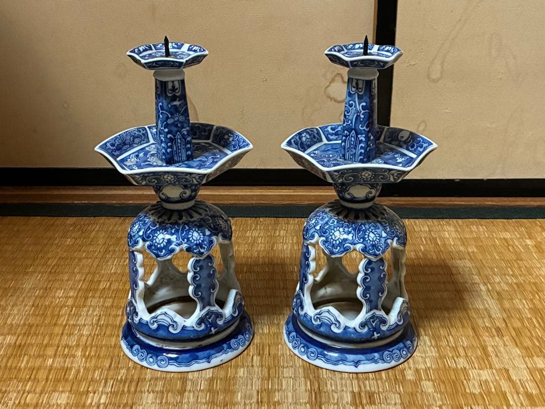 有田焼 古伊万里 染付 燭台 一対 時代物