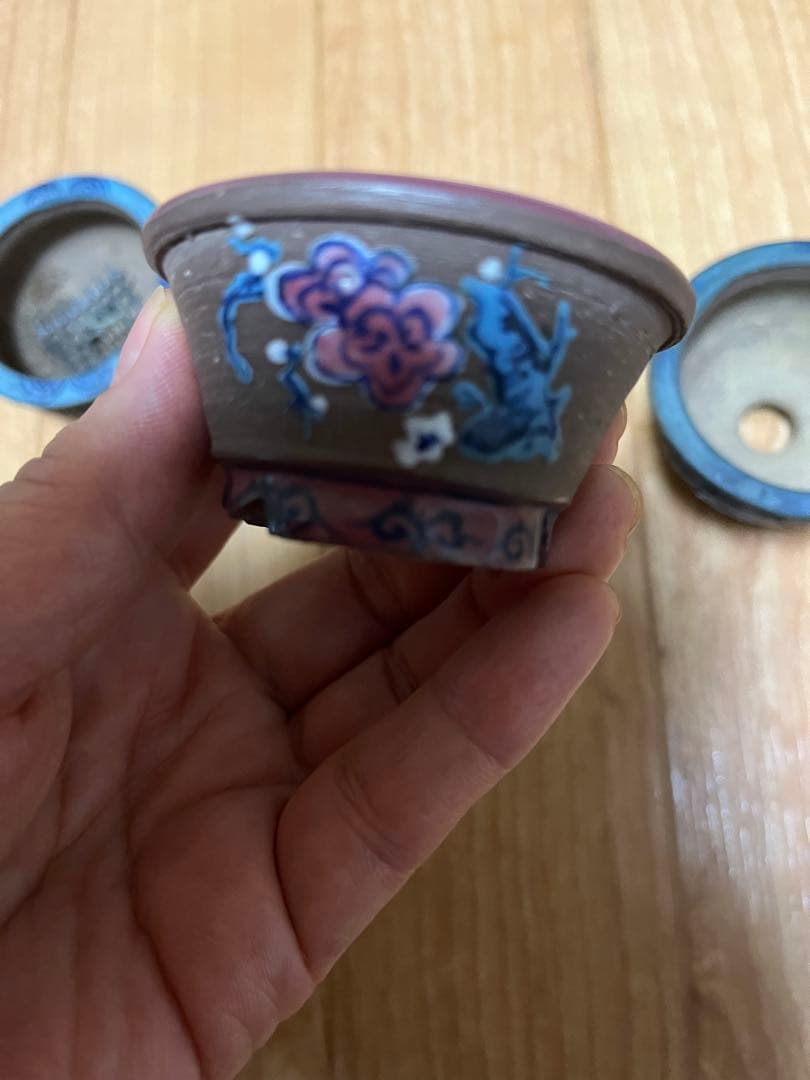 豆盆栽鉢　希少時代　陶翠　彩交趾黒泥丸豆鉢3個セット