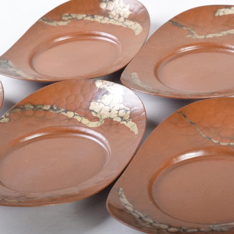 煎茶道具　高岡銅器　鍛金製　西村義光作　茶托　五客　共箱　C　7040