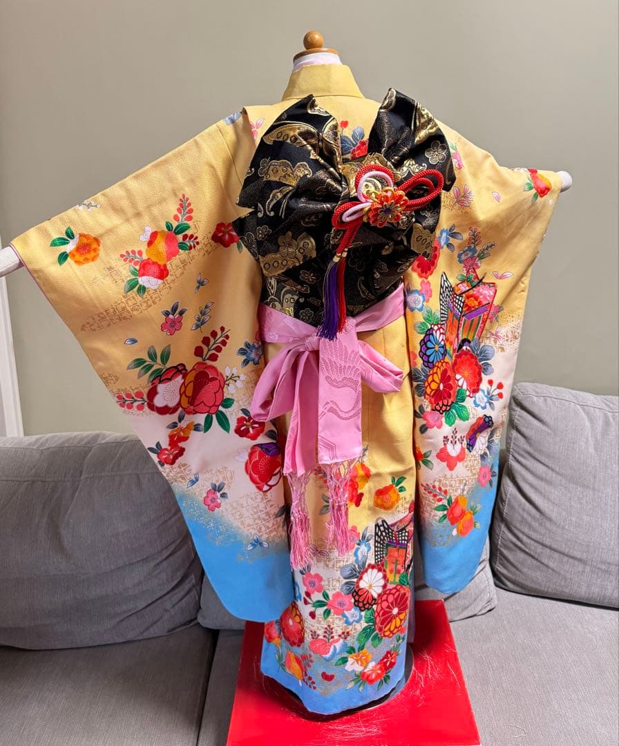 七五三着物帯セット　7歳　黄色　黒系帯