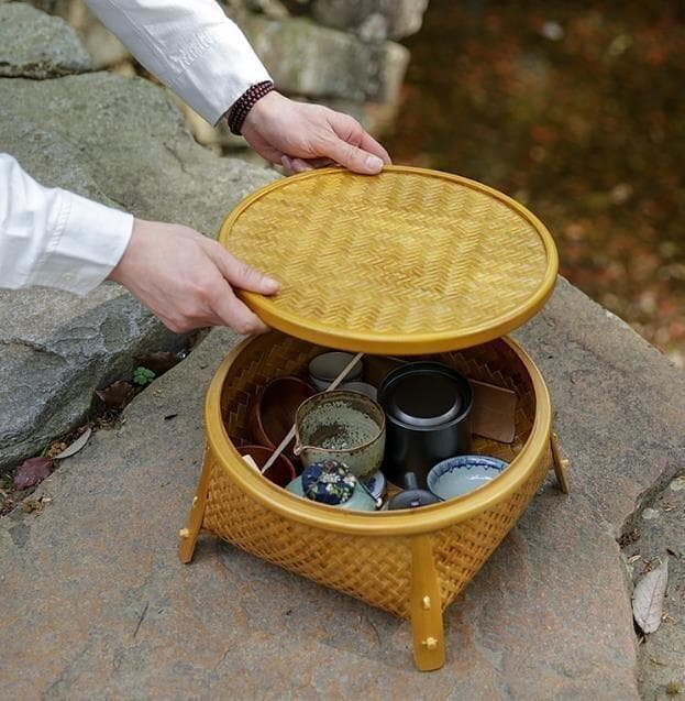 竹製円形茶器トレイ 竹編細工籠 収納する