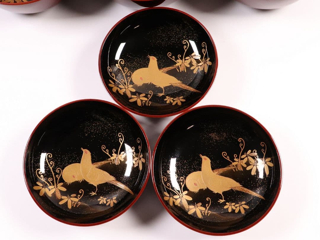 専用10客まとめ CM5 時代 加賀蒔絵 鳥図 溜塗内黒 椀 三客 木製 雉春草