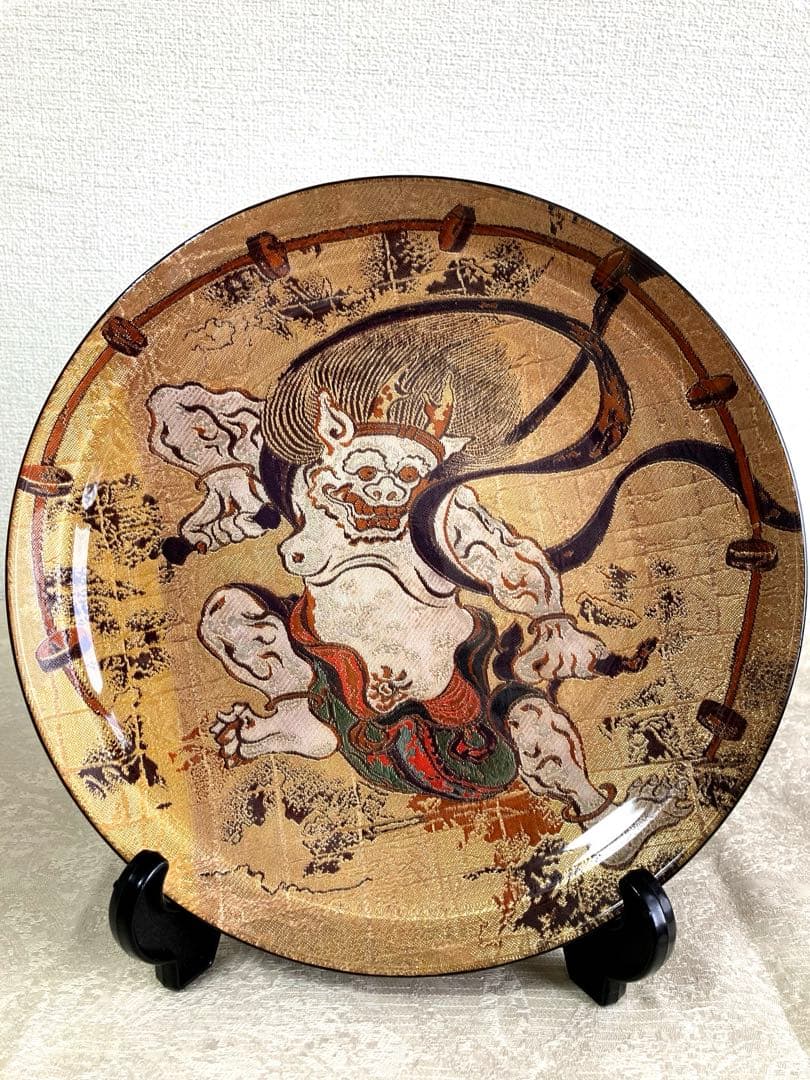 伝統工芸品　風神雷神　金欄手織物飾り皿