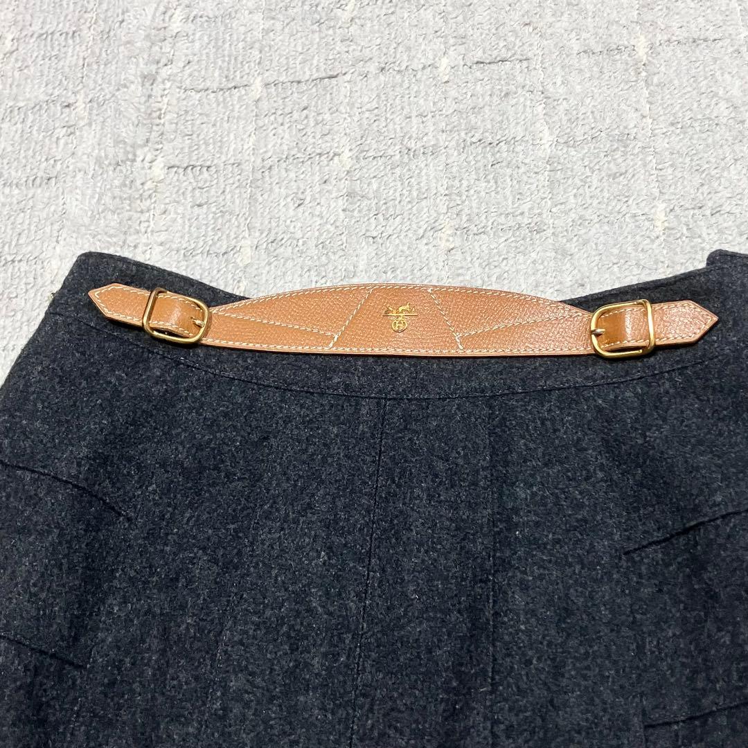 エルメス［カシミヤ混］ロングスカート　馬車　ファソネ　ミディ丈　馬車　レザー