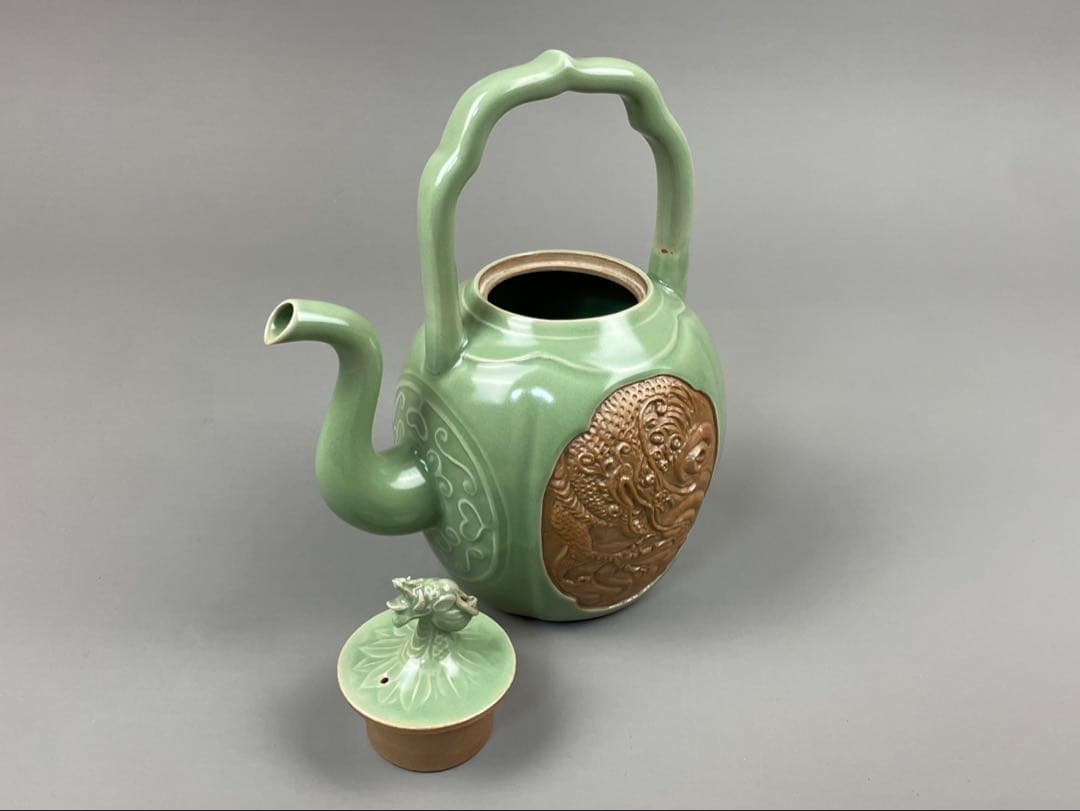 青磁 雲龍文 提梁式 平安 艶彩造 水注 京焼 茶道具 茶器 和食器 共箱 共布