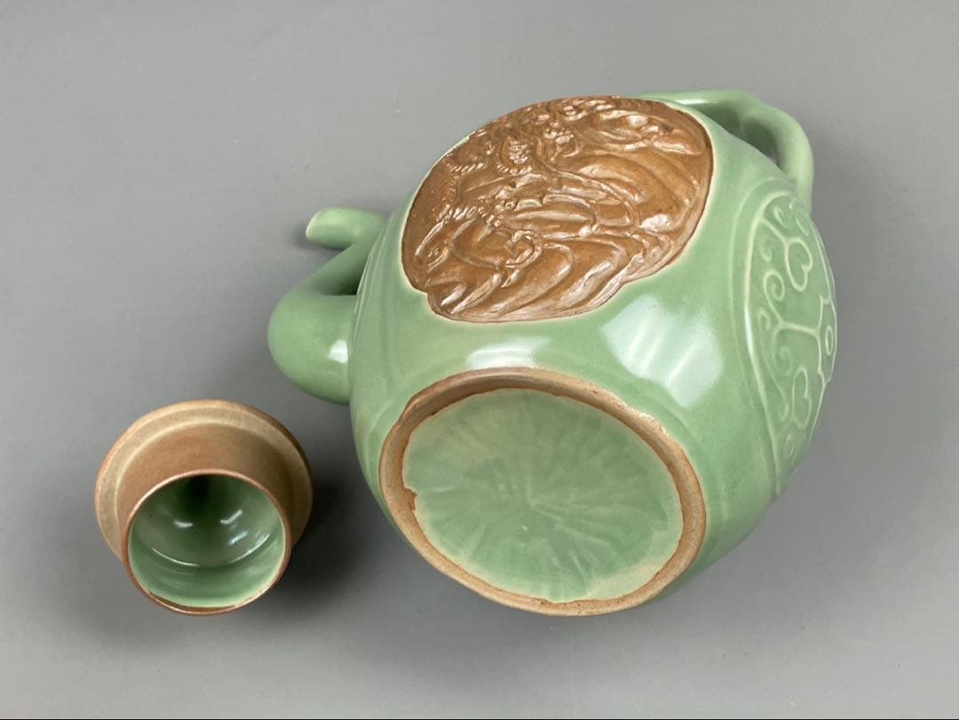 青磁 雲龍文 提梁式 平安 艶彩造 水注 京焼 茶道具 茶器 和食器 共箱 共布