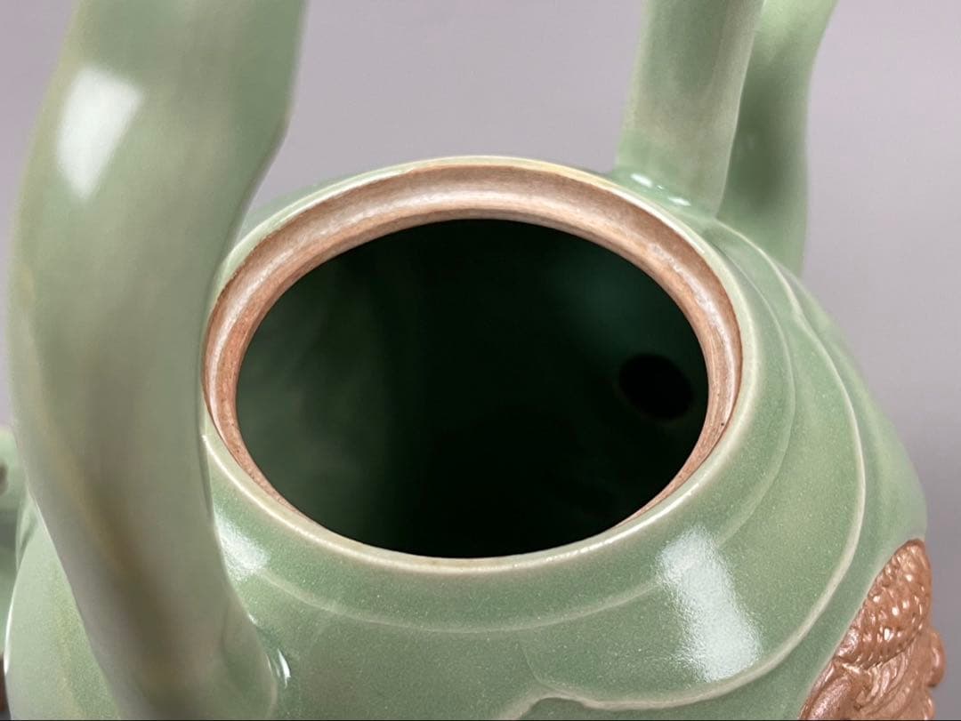 青磁 雲龍文 提梁式 平安 艶彩造 水注 京焼 茶道具 茶器 和食器 共箱 共布