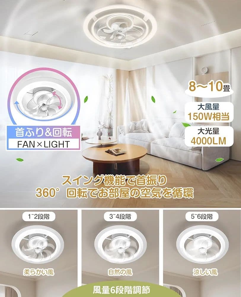 シーリングファンライト LED 4000LM 150W 無段階調色調光 省エネ