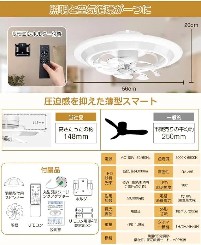 シーリングファンライト LED 4000LM 150W 無段階調色調光 省エネ