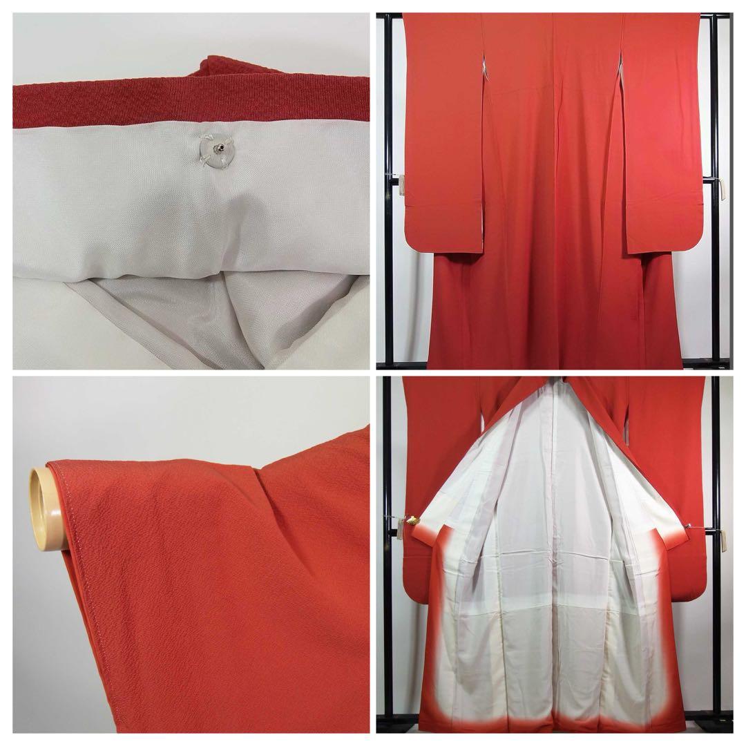 美品　振袖　色無地　シンプルな縮緬　着物　正絹　やや淡い赤色