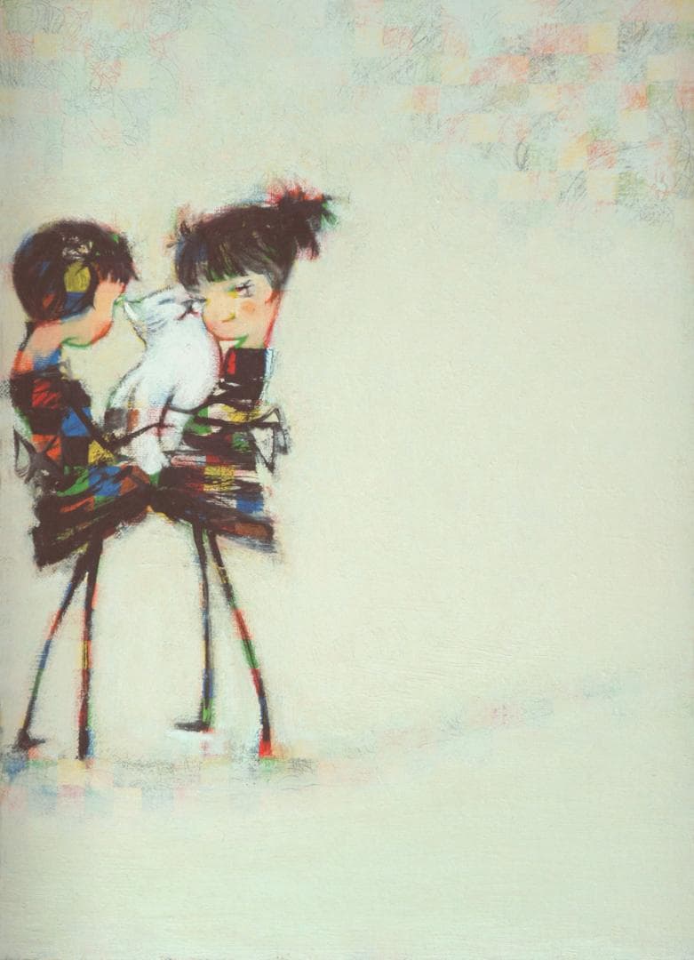 油絵 菅家令子 絵 絵画インテリア 額付(黒) F4-072619 子猫と女の子