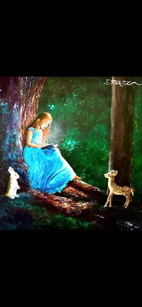 原画 F6号 アクリル画「魔法の本」K.masa癒やしの森青いドレスの少女と動物