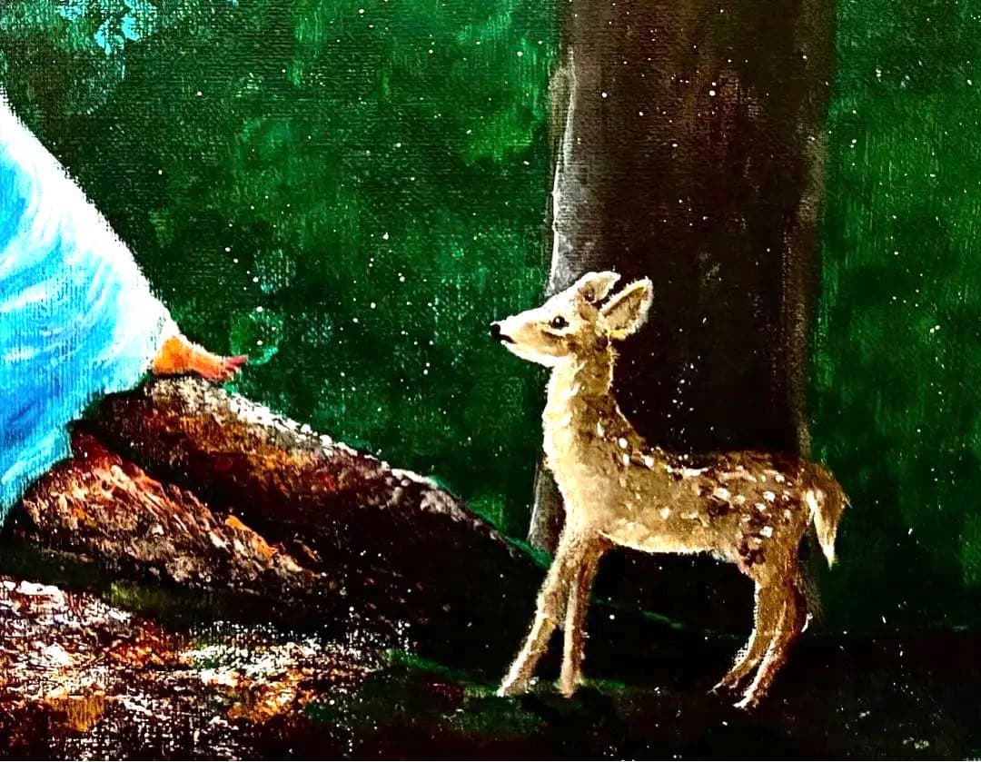 原画 F6号 アクリル画「魔法の本」K.masa癒やしの森青いドレスの少女と動物