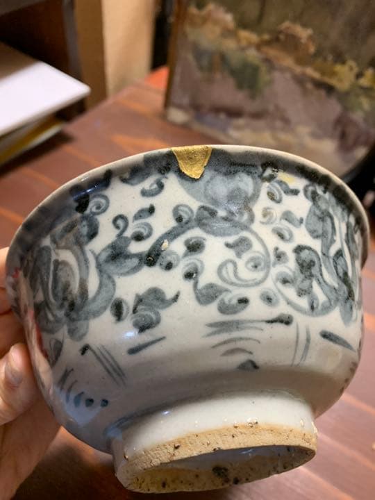 中国古陶磁器　古玩　明代　青花　染付　草花文様　碗