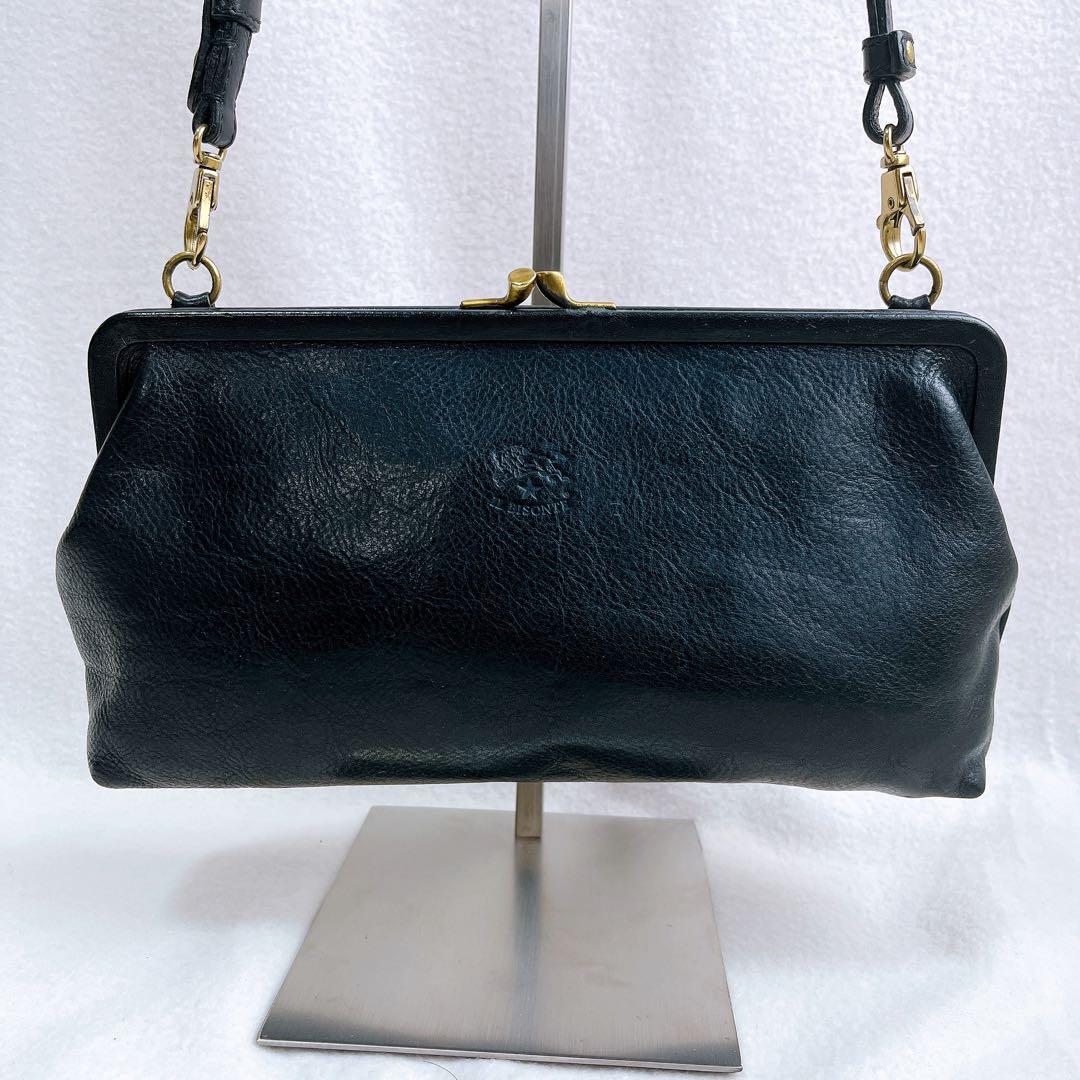 林檎　イルビゾンテ 黒 レザー クラッチバッグ がま口 ショルダー