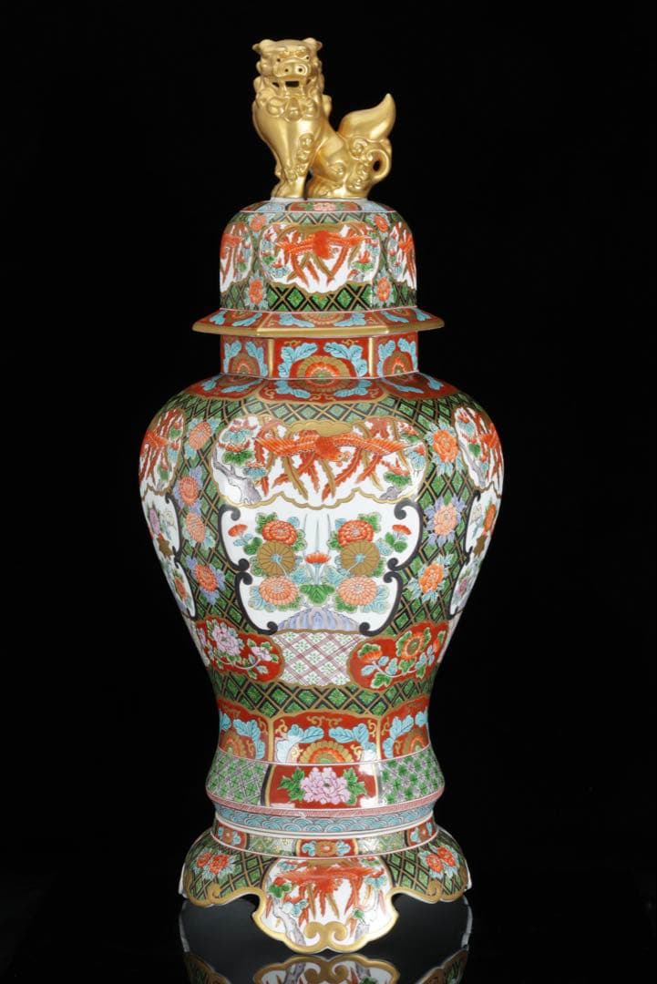 有田焼 耕右衛門 染錦窓絵鳳凰花尽之図 獅子摘蓋特大三段壺 沈香壺 飾壷 86㎝