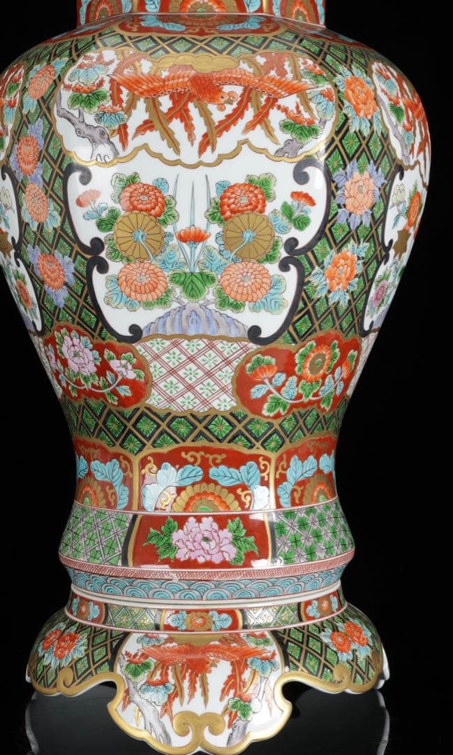 有田焼 耕右衛門 染錦窓絵鳳凰花尽之図 獅子摘蓋特大三段壺 沈香壺 飾壷 86㎝