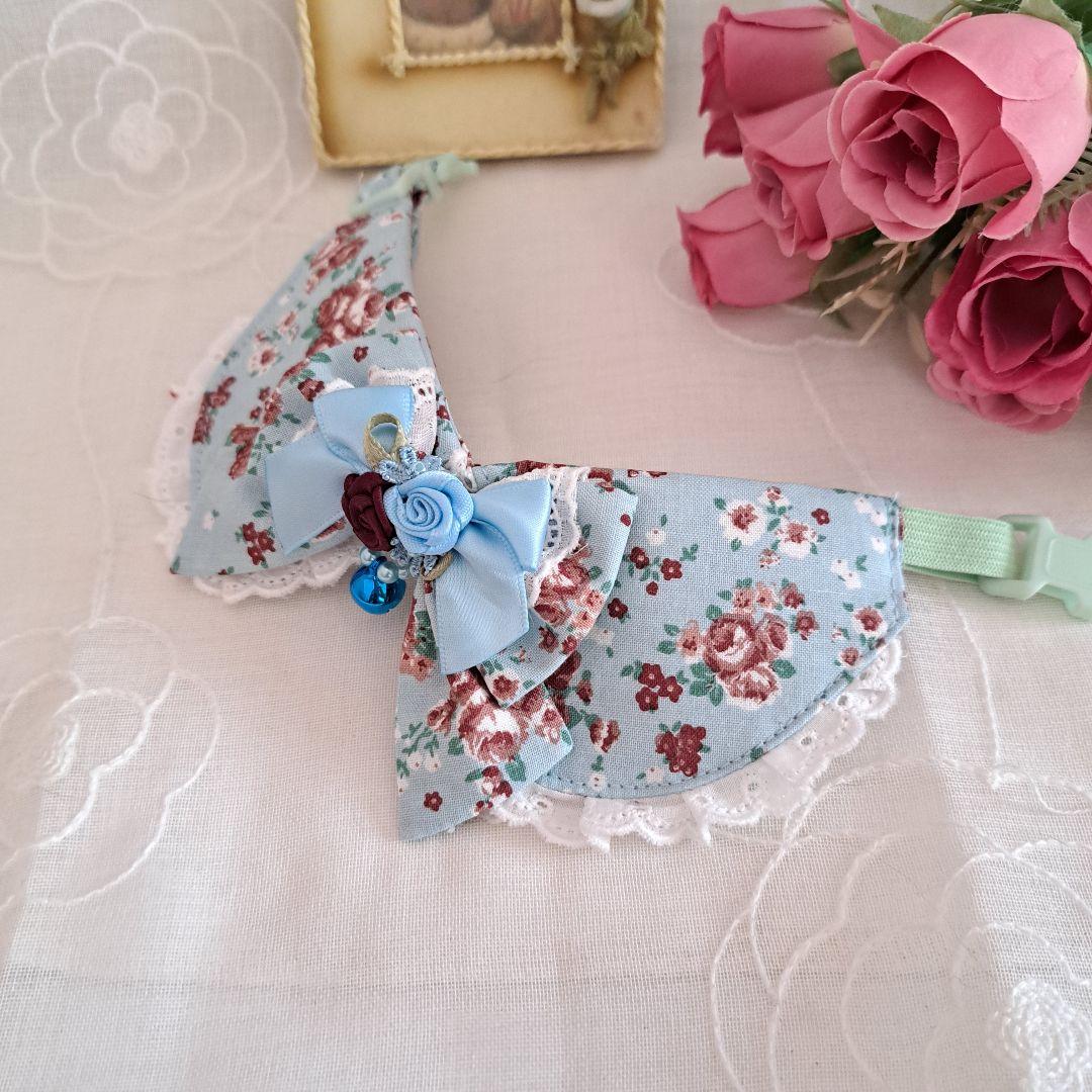 ローズ柄(チョコ&ミント)わんちゃん猫ちゃん用襟付首輪