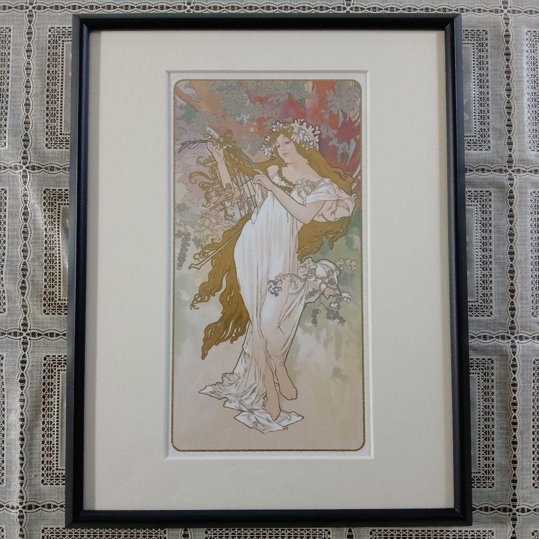 新品アルフォンス・ミュシャ　リトグラフ『四季シリーズ春』、エンボスマーク入、共箱