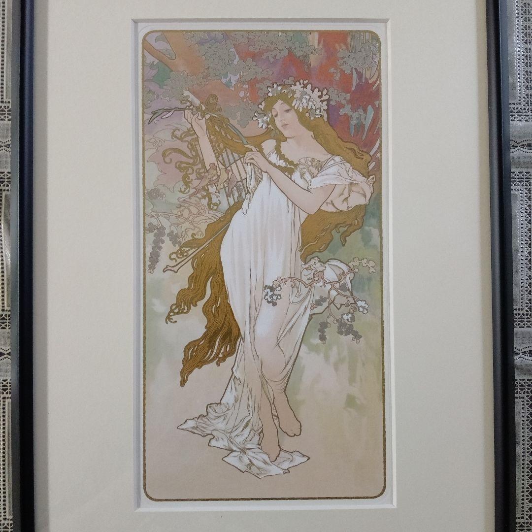 新品アルフォンス・ミュシャ　リトグラフ『四季シリーズ春』、エンボスマーク入、共箱