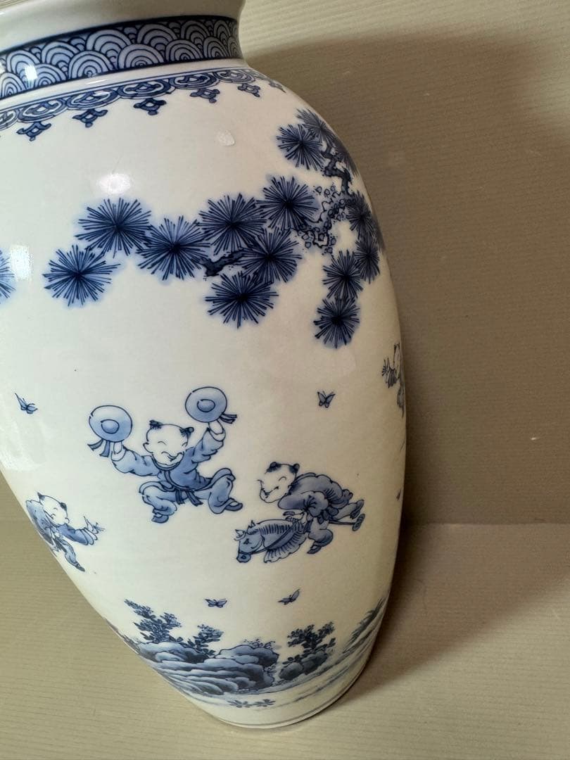 2741 三川内焼　染付唐子図　花瓶　昭和44年　陽山末太郎作