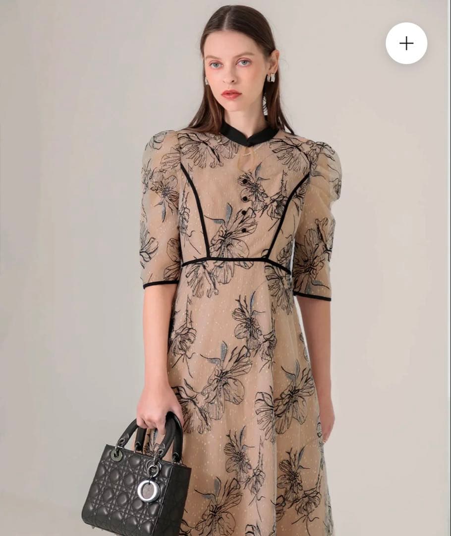 （R）Leja パイピングハイネック花柄ラメレースワンピースドレス S