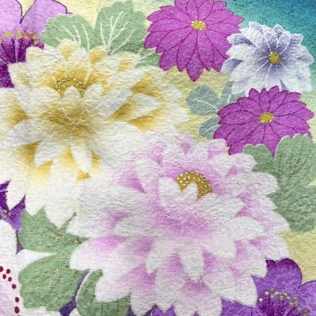 【美品】 振袖 正絹 古典柄 ラメ 桜 単品 成人式 緑 *160 ●