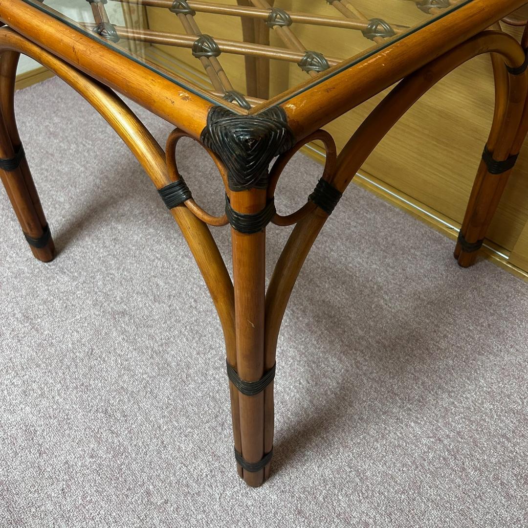 ヴィンテージ　ラタン　ダイニングテーブルセット　ガラステーブル　椅子2脚付き