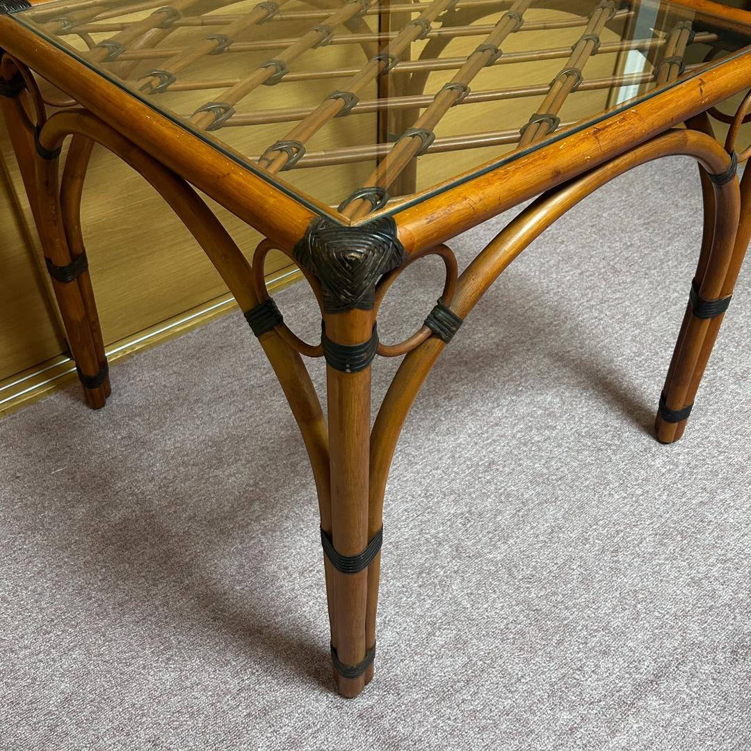 ヴィンテージ　ラタン　ダイニングテーブルセット　ガラステーブル　椅子2脚付き