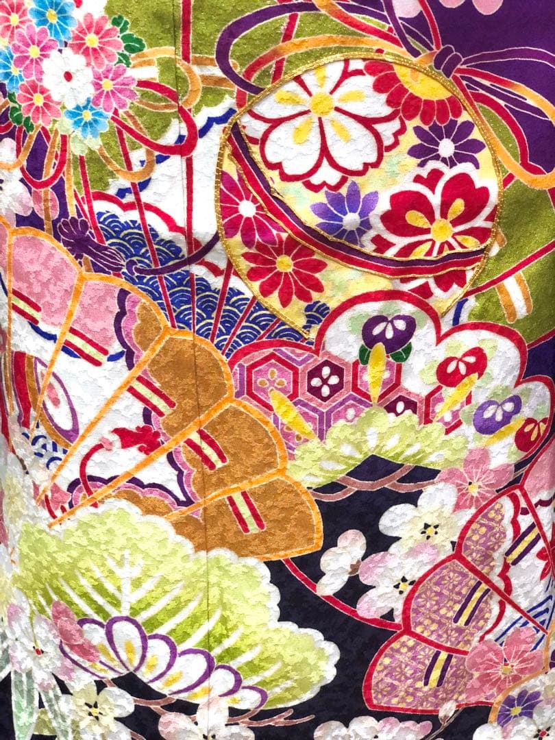 【正絹】 七五三　7歳　絵羽　紫　着物　四つ身　作り帯　セット　女の子