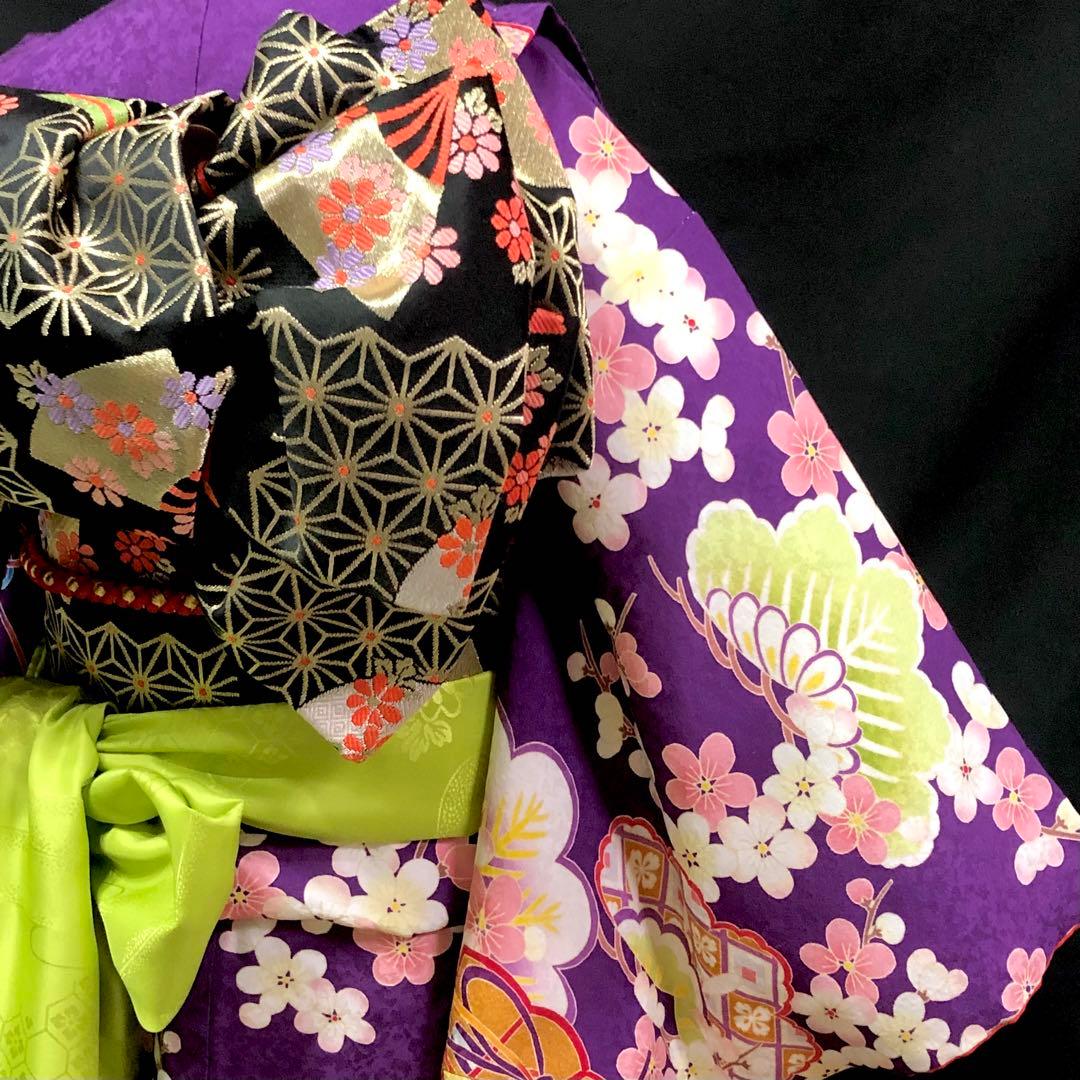 【正絹】 七五三　7歳　絵羽　紫　着物　四つ身　作り帯　セット　女の子