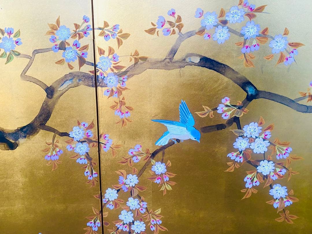 金箔使用 桜と小鳥の日本画屏風
