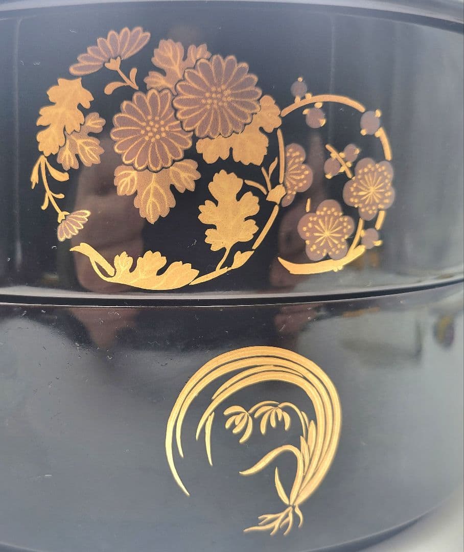 輪島塗　稲忠製　丸形重箱　蒔絵　共箱　骨董品、美術品