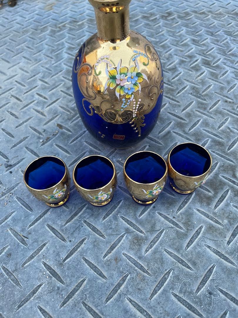 イタリア製 青色ガラス コップ4個　瓶1個　ベネチアンガラス　ムラーノ
