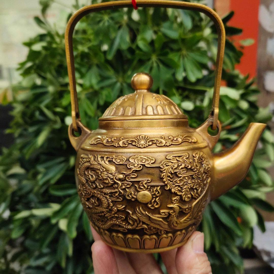 龍鳳呈祥提梁茶壺 酒壺 茶道 工芸 置物 銅製