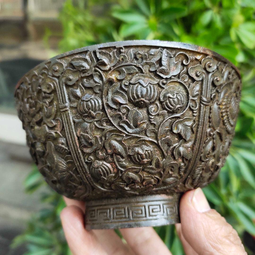 銅細工 花開纏枝銅碗 茶道 置物 装飾品 工芸品 美術品