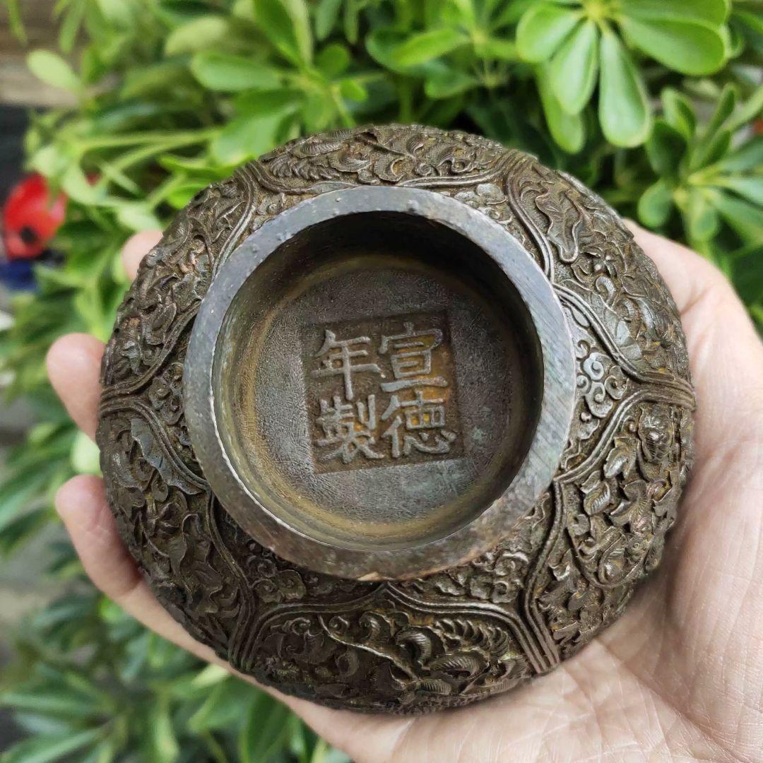 銅細工 花開纏枝銅碗 茶道 置物 装飾品 工芸品 美術品