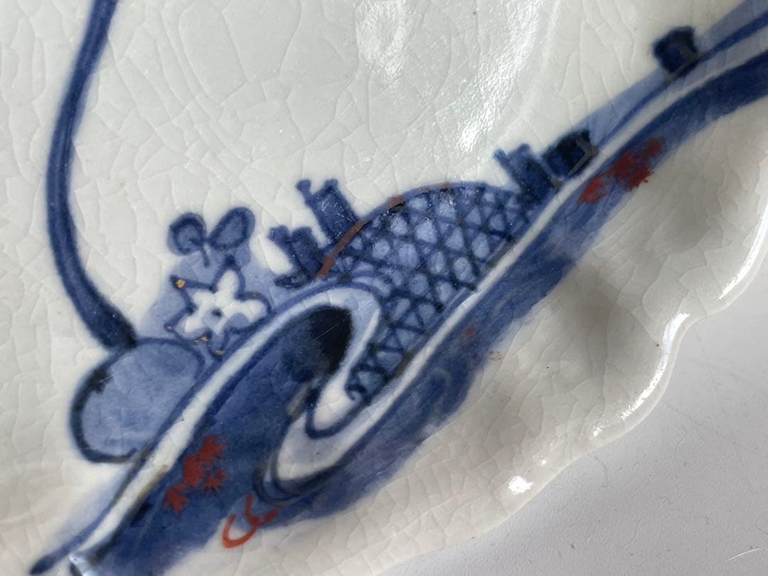 骨董　アンティーク　古九谷金銀彩　蛇籠文様　葉形　皿　変形皿　甘手