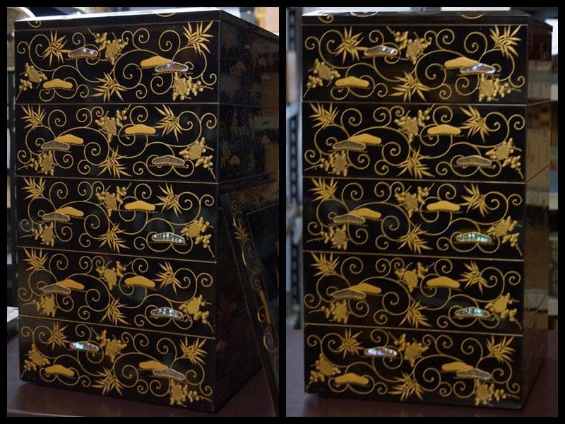 明治五年 輪島塗鳳光斎造蠟色内朱金蒔絵青貝螺鈿象嵌『松竹梅文』五重箱 替え蓋共箱