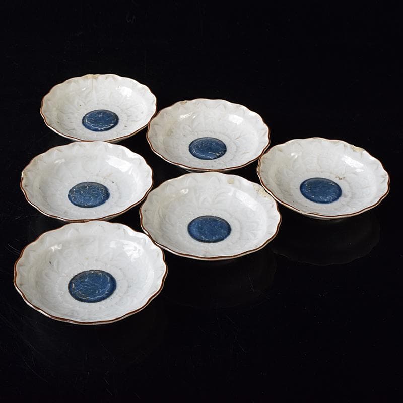 肥前伊万里焼　古伊万里　染付　丸紋　輪花皿　六客　時代箱付　C　R8170