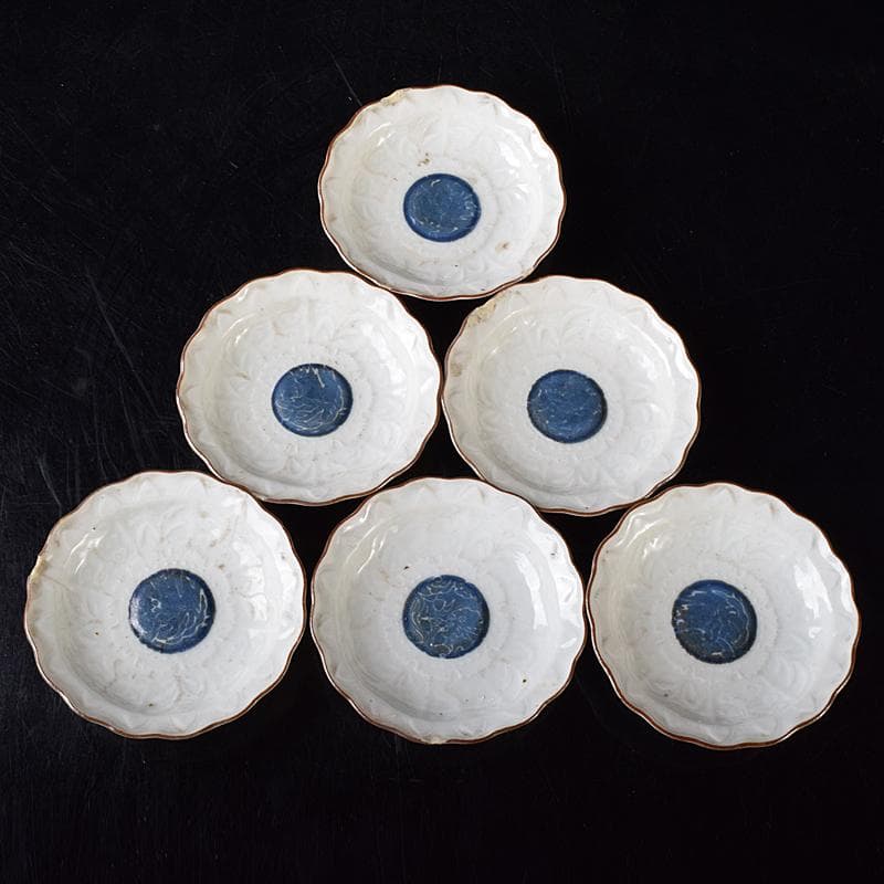 肥前伊万里焼　古伊万里　染付　丸紋　輪花皿　六客　時代箱付　C　R8170