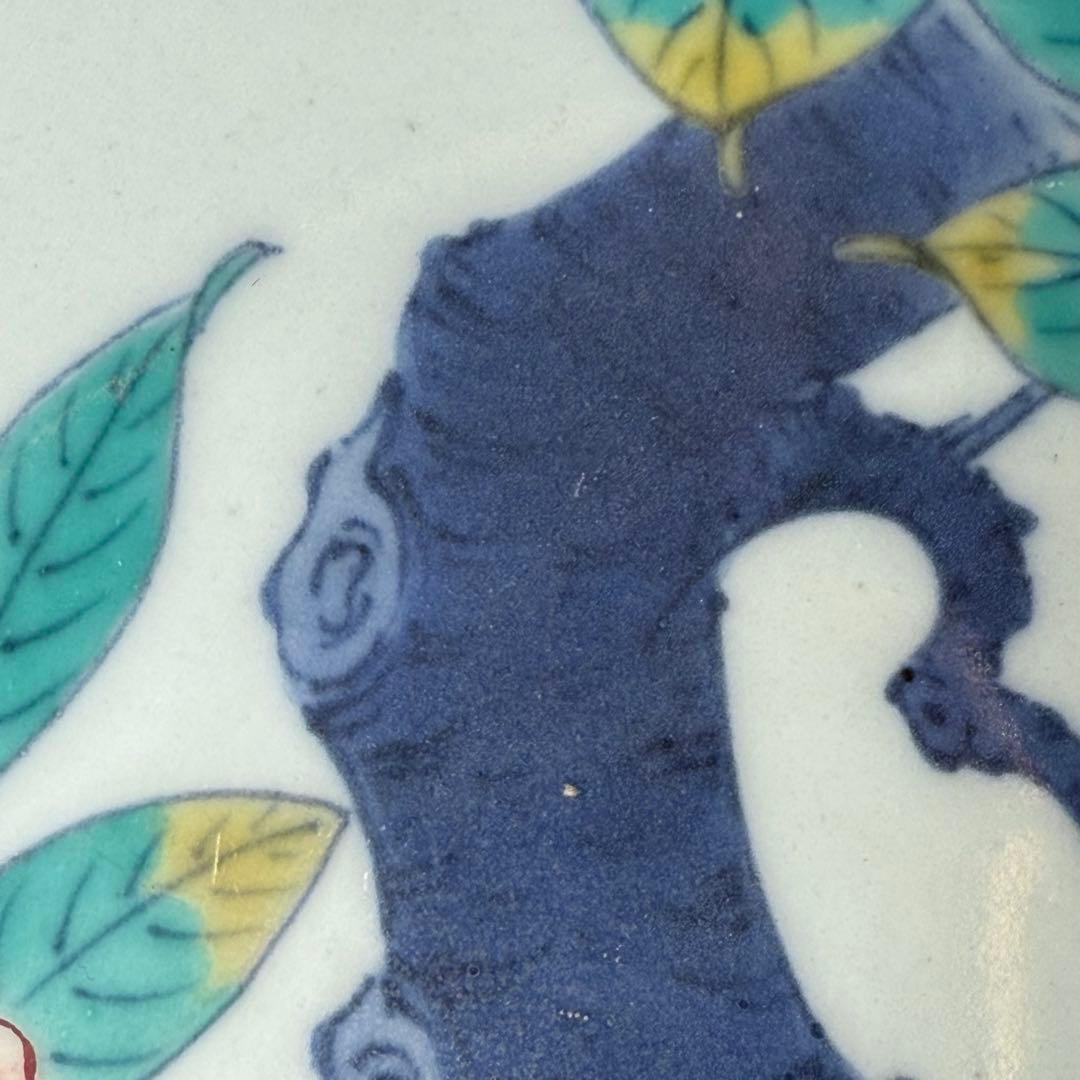 後期　色鍋島　椿文高台皿　櫛歯文高台　七宝結び文　桐箱付　幕末期