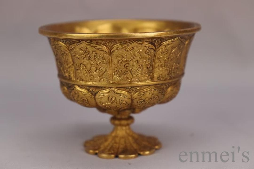 中国古美術 旧蔵 清代 鍍金銅酒杯 精銅製 純手作り 小盃 鍍金装飾 文房雅品