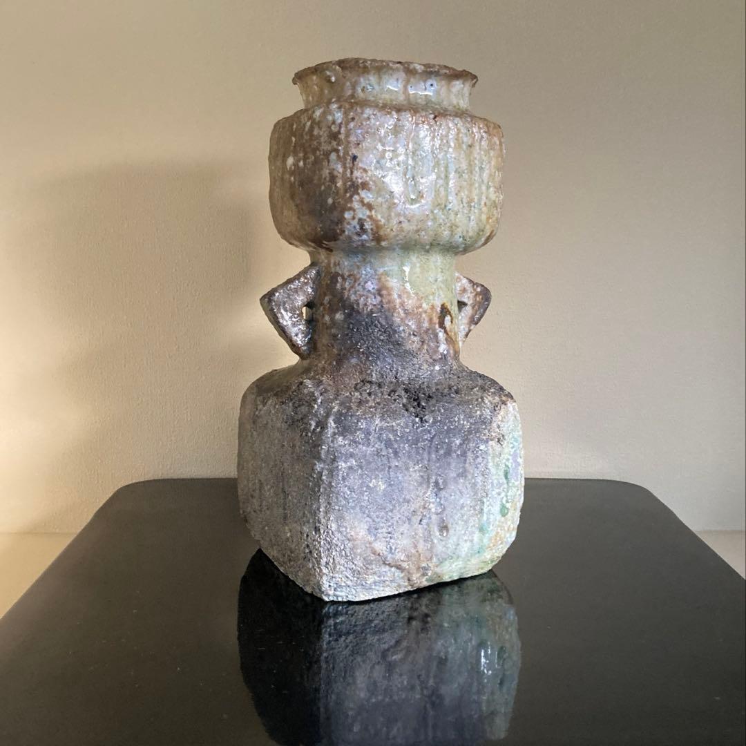 信楽焼 伊賀焼 谷清右衛門造 伊賀花入 耳付花入 花器 茶道具 共箱 共布