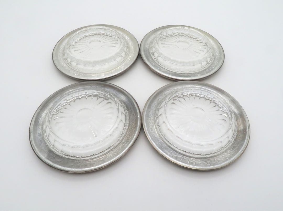 Vintage フローラル 純銀 ドリンクコースター クリスタルガラス4枚セット