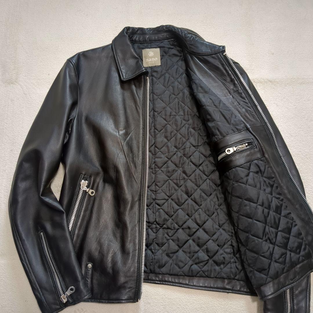 美品 ナノユニバース ラムレザー シングルライダース 裏地キルティング XL