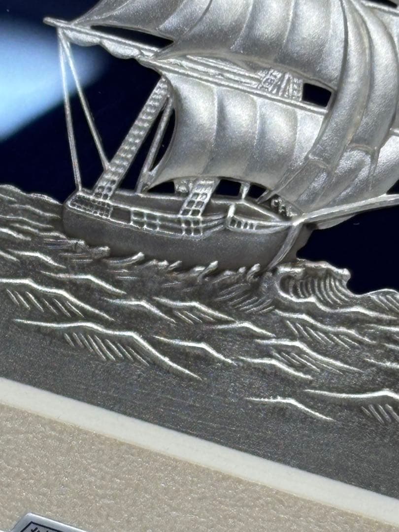 未使用美品 武比古作 純銀卓上額 帆船レリーフ　伝統工芸士 意匠登録