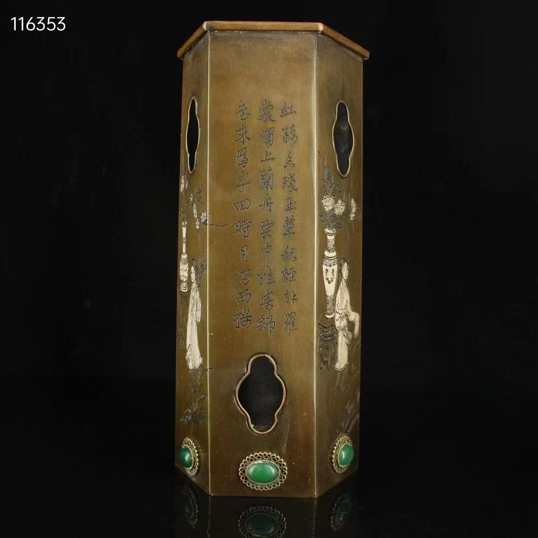 中国古美術・珍蔵純銅製・純手作り・仕女絵宝石入り筆立・文房置物・書道品·純手彫り