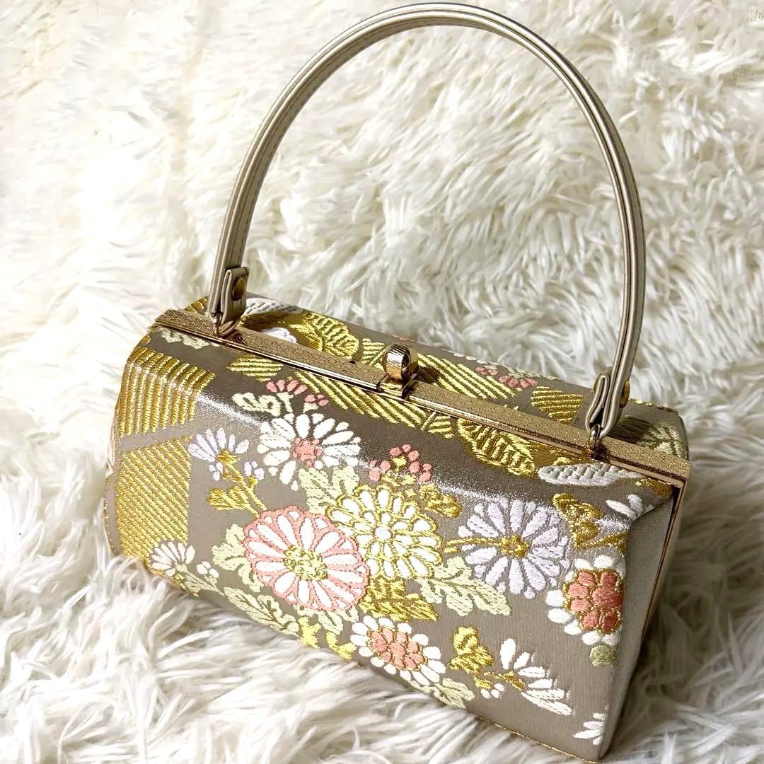 和装 フォーマルバッグ 金襴 花文様 シャンパンゴールド 式典 留袖 訪問着
