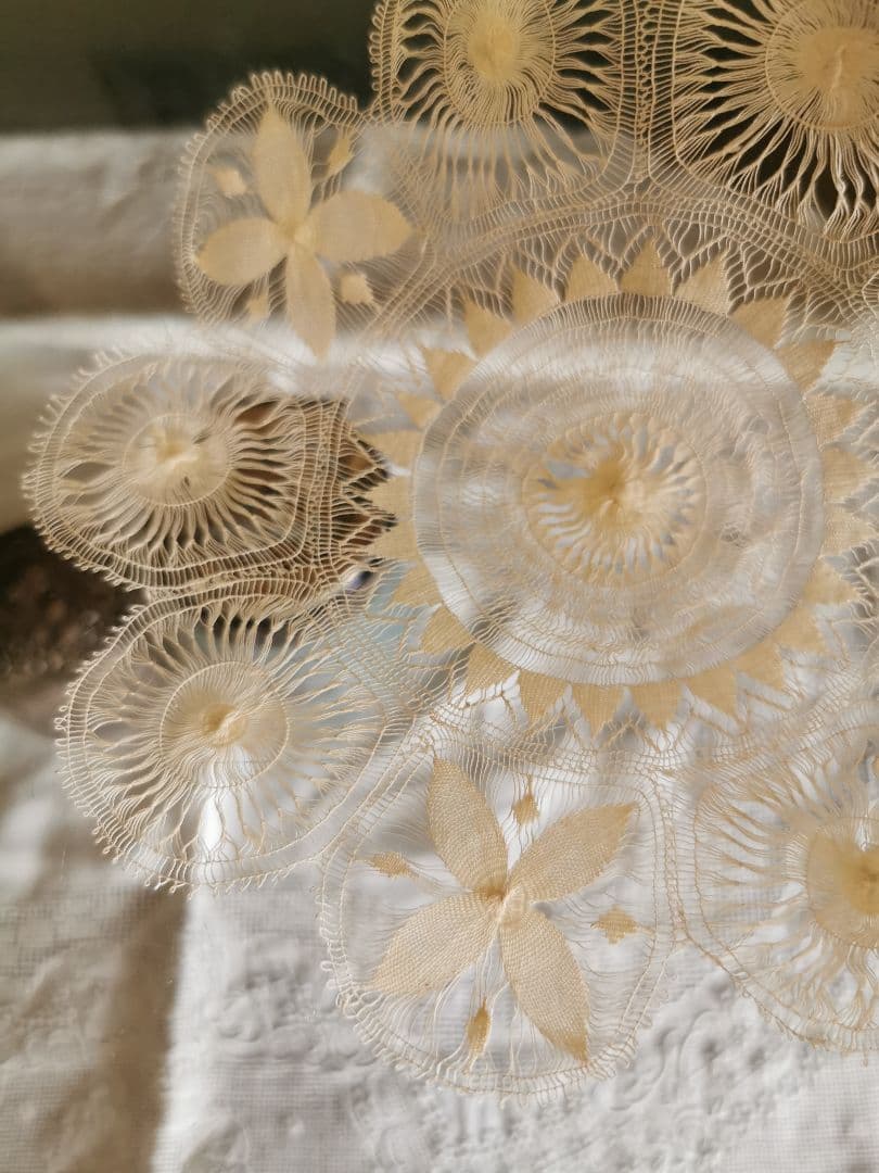 アンティーク テネリフレース 超極細糸 向日葵と太陽と花 アイボリー線状ドイリー